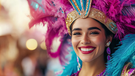 Vibrant Close-Up of a Smiling Young Woman in Colorful Mardi Gras Headdress. Concept of Celebration,...