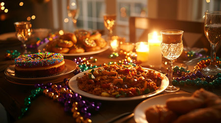 Festive Mardi Gras Dining Table with Traditional Cuisine and Vibrant Decorations. Concept of Celebration, Cultural Festivity, Elegant Dining.の写真素材
