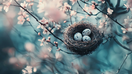 Tranquil Spring Scene of a Bird's Nest with Speckled Eggs Among Blossoming Branches. Concept of New Beginnings, Nature's Beauty, Peaceful Atmosphere.の写真素材