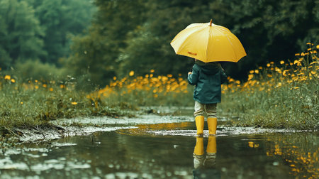 Child in Yellow Rain Boots with Umbrella Exploring a Muddy Puddle in Lush Spring Landscape. Concept of Outdoor Adventure, Playful Childhood, Nature Discovery.の写真素材
