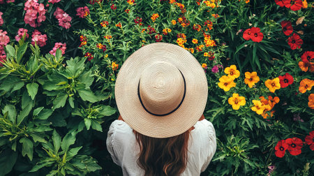 Woman in Straw Hat Tending Vibrant Flower Garden from Above. Concept of Gardening, Nature Connection, Summer Blossoms.の写真素材