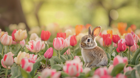 Cute Little Rabbit Sitting Among Colorful Tulips in a Sunny Garden. Concept of Springtime, Nature's Beauty, and Peaceful Moments.の写真素材