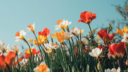 Vibrant Spring Meadow with Colorful Red, Yellow, and White Flowers under Clear Blue Sky. Concept of Nature's Beauty, Seasonal Change, Tranquility in Blooming Landscapes.の写真素材