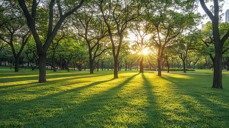 Tranquil Morning in a Sunlit Spring Park with Lush Greenery and Soft Sun Rays Concept of Nature...