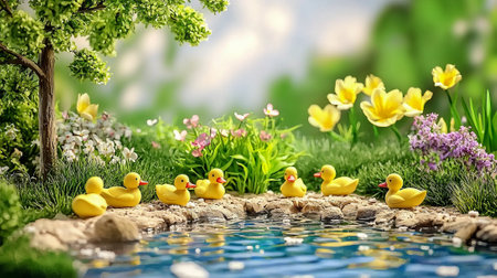 Ducklings Swimming Peacefully in a Tranquil Pond Surrounded by Spring Blossoms. Concept of Nature's Serenity, Springtime Beauty, and Tranquil Landscapes.の写真素材