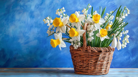 Blooming Daffodils in a Woven Basket Against a Blue Background. Concept of Springtime, Floral Arrangement, Seasonal Beauty.の写真素材