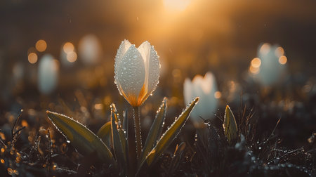 Spring Dewdrops Glistening on Flower Petals at Sunrise. Concept of Nature's Beauty, Fresh...