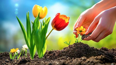 Hands Planting Flower Seeds in Fresh Garden Soil with Vibrant Spring Blooms. Concept of Gardening,...