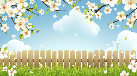 Scenic Spring Meadow with Blooming Cherry Blossoms and Clear Blue Sky. Concept of Nature's Renewal, Tranquility, and Seasonal Beauty.の写真素材