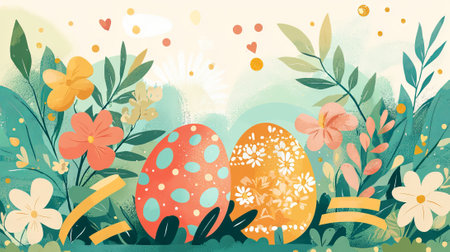 Vibrant Spring Art with Colorful Easter Eggs and Flowers Concept of Festive Decorations Seasonal Celebration Joyful Blossoms.の写真素材