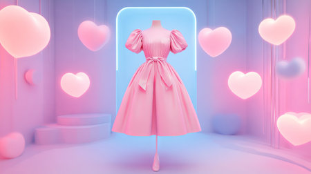 Elegant Pink A-Line Dress with Bow Details Surrounded by Glowing Hearts, Art in Soft Pastel Setting. Concept of Fashion Elegance, Romantic Design.の写真素材