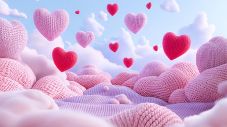 Whimsical Dreamscape with Floating Pink Hearts and Cozy Knit Clouds in a Serene Blue Sky. Concept of...