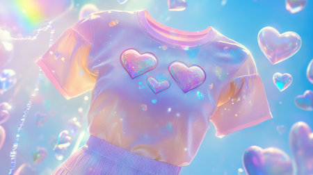 Dreamy Illustration of a Trendy Crop Top with Heart Designs and Pastel Colors. Concept of Fashion,...