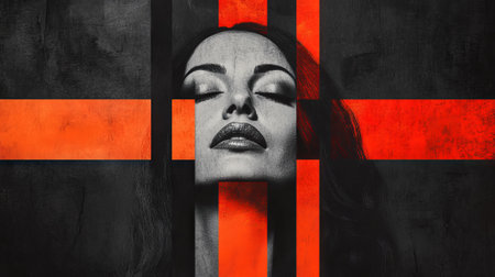 Fragmented Portrait of a Woman with Red Highlights Against a Dark Background. Concept of Abstract...