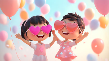 Joyful Asian Kids with Heart Sunglasses and Balloons Celebrate Friendship and Fun, Concept of Childhood Play and Happiness.の写真素材