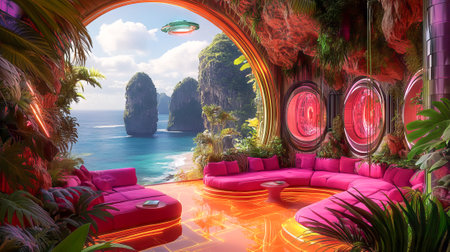 Pop Surreal Lounge with Futuristic Interior and Tropical Ocean View. Concept of fantasy decor,...