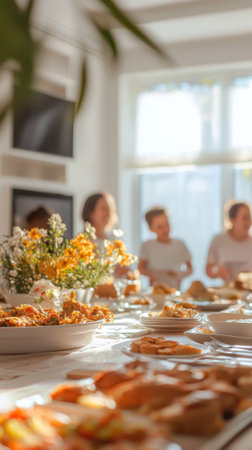 Family Gathering Around a Sunlit Dining Table with Traditional Food, Celebrating Together. Concept of Community, Festive Meals. Purim. Vertical.の写真素材
