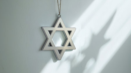 Minimalistic Star of David Hanging on White Wall with Shadows. Concept of Jewish Culture, Simple...