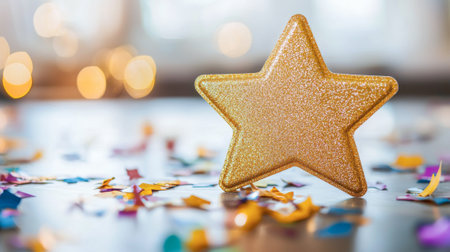 Golden Star with Colorful Confetti, Symbolizing Celebration and Festivity. Copy space.