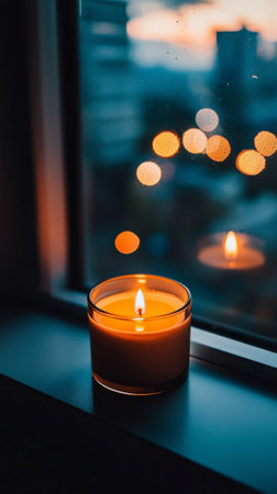 Lit Candle by a Modern Window at Dusk, Evoking Warmth and Tranquility in a Cityscape. Concept of...
