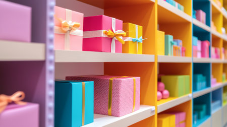 Colorful Gift Boxes on Modern Shelves in a Store. Concept of Shopping, Gift Wrapping, and Retail...