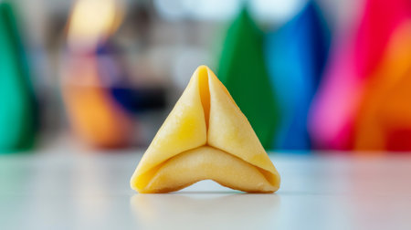 Traditional Hamantaschen Cookie on a Clean White Table at a Modern Purim Fair. Concept of Jewish...