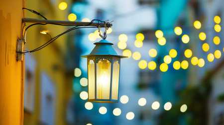 Festive Urban Street with Bright Decorative Lights at Night. Concept of City Celebrations, Holiday Spirit, Outdoor Ambience. Purim. Copy space.の写真素材