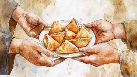 Watercolor Art of Hands Exchanging Plate of Hamantaschen. Concept of Purim Celebration, Cultural...