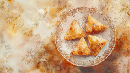 Purim Watercolor Art of Hamantaschen Cookies on Decorative Plate. Concept of Jewish Holiday,...