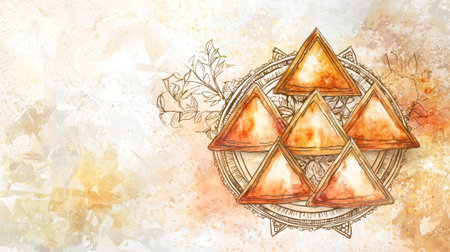 Purim Watercolor Illustration of Triangular Hamantaschen Cookies on Ornate Plate. Concept of Jewish Holidays, Traditional Desserts. Copy space.の写真素材
