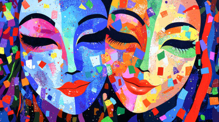 Colorful Masks Art with Confetti and Vibrant Patterns. Concept of Cultural Festivities, Creative...