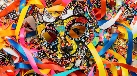 Vibrant Masquerade Mask with Colorful Ribbons and Confetti. Concept of Festive Celebration, Carnival...