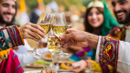 Celebratory Gathering with Friends Toasting with Wine Glasses. Concept of Cultural Festivity, Joyful Gathering. Purim.の写真素材