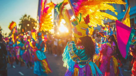 Colorful Parade Participants in Elaborate Costumes During Purim Sunset Celebration. Concept of Cultural Festivals, Vibrant Traditions. Purim.の写真素材