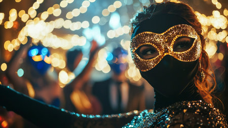 Woman in Gold Mask at Night Purim Party with Glowing String Lights. Concept of Festive Celebration,...
