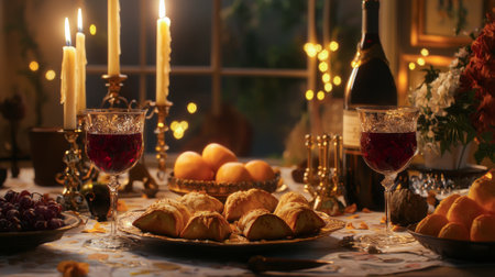 Traditional Purim Table with Wine and Pastries at Night. Concept of holiday celebration, festive...