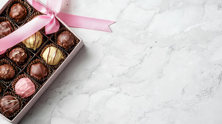 Assorted Chocolates in a Pink Ribbon Gift Box on a Marble Background. Concept of Sweet Delights,...