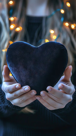 Close-Up of Hands Holding Velvet Heart-Shaped Gift with Festive Lights. Concept of Love, Romance,...