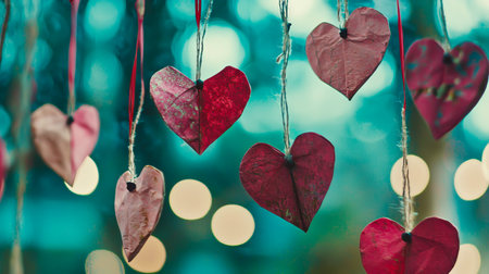Close-Up of Pink and Red Paper Hearts Hanging with Bokeh Background Art Concepts of Love, Romance, Handmade Craft, Valentine's Day Decorations. Valentine's Day.の写真素材