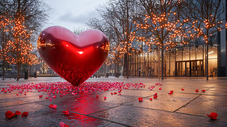 Large Red Heart Sculpture in Modern City Square Surrounded by Trees and Red Petals at Dusk. Concept...