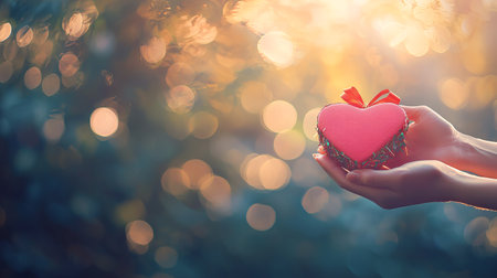 Hands Holding a Heart-Shaped Gift Box with Red Ribbon Amidst a Glowing Bokeh Background. Concept of love, romance, gift-giving, heartfelt connections, and special occasions.. Valentine's Day. Copy space.の写真素材