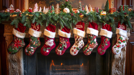 Festive Christmas Stockings Hung on a Decorated Fireplace Mantel for 2026 Holiday Season and Winter...