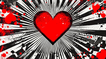 Vibrant Explosive Heart Art with Dynamic Pop Art Design Featuring Radiant Red Center in Black and...