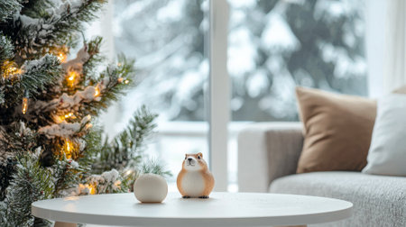 Cozy Winter Living Room with Groundhog Figurine and Christmas Tree. Concept of Holiday Decor, Modern...