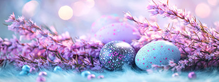 Artistic Easter Egg Arrangement Amidst Pink Blossoms and Soft Textures. Concept of Spring...