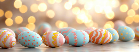 Pastel Easter Eggs with Abstract Background Bokeh Lights. Concept of spring celebration, decorative...