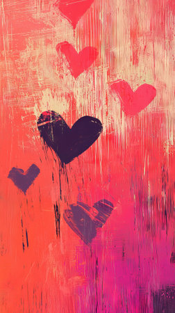 Abstract Art with Textured Hearts in Bold Red and Black. Concept of Love, Emotions, Romantic...