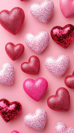 Sparkling Red and Pink Hearts on Pink Background. Concept of Valentine's Day Celebration, Love...