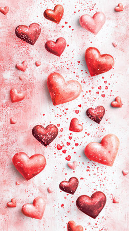 Watercolor Art of Red and Pink Hearts on a White Background. Concept of Valentine's Day, Love,...