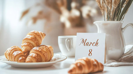 March 8 Celebration with Croissants and Coffee in a Cozy Minimalist Setting. Concept of International Women's Day, casual brunch, warm atmosphere.の写真素材